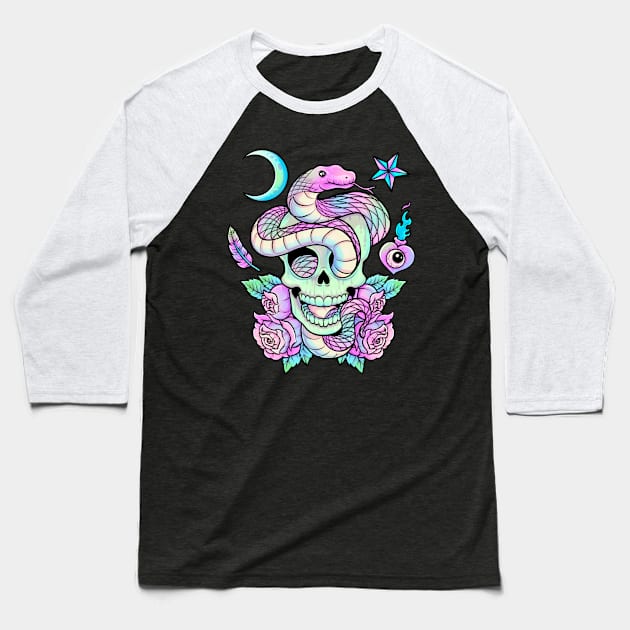 Pastel Goth Snake Skull Baseball T-Shirt by KAWAIITEE